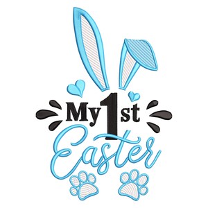 May include: Blue bunny ears with white stripes, two white paw prints, and the text "My 1st Easter" in blue and black lettering.
