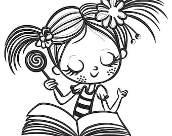 Adorable Girl with Book Embroidery Design, Girl embroidery designs File, Reading machine embroidery pattern, girl with book embroidery file