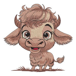 Op de afbeelding: Een cartoonillustratie van een bruin en wit babyjak met grote ogen en een gelukkige uitdrukking. De jak staat op een stuk gras.