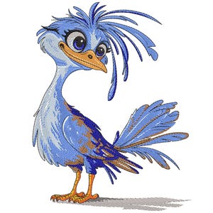 Könnte beinhalten: Ein blauer Cartoon-Vogel mit langem Hals und einer großen, gefiederten Haube. Der Vogel hat große, runde Augen und einen kleinen, orangefarbenen Schnabel. Er steht auf zwei Beinen und hat einen langen, blauen Schwanz.