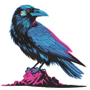 Op de afbeelding: Een blauwe en zwarte raaf met roze accenten, zittend op een roze rots. De raaf heeft een lange snavel en kijkt naar rechts.