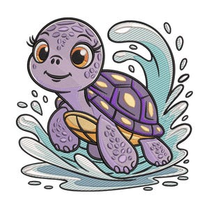 Può includere: Una tartaruga marina dei cartoni animati, viola, con un guscio decorato e grandi occhi arancioni. La tartaruga è circondata da spruzzi d'acqua stilizzati, blu e bianchi. La tartaruga ha un'espressione sorridente.