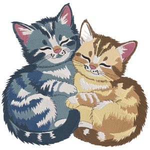 May include: An embroidered design of two kittens snuggled together. One kitten is blue and white, the other is tan and brown. Both kittens have closed eyes and pink noses, suggesting they are sleeping or content. The image is set against a white background.