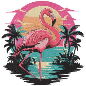 May include: A pink flamingo stands in front of a tropical sunset scene. The image features a pink and orange sunset, palm trees, and a turquoise ocean. The flamingo is the focal point, with its long neck and legs. The design has a retro, embroidered look.