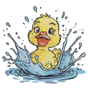 May include: A yellow rubber ducky with a big smile is splashing in a blue pool of water. The ducky has big eyes and a bright orange beak.