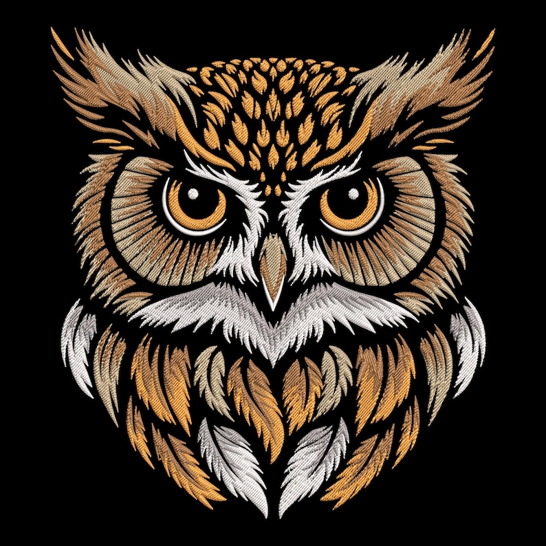 Op de afbeelding: Geborduurde uil ontwerp met bruine en oranje veren. De uil heeft grote, ronde ogen met zwarte pupillen en gele iris.
