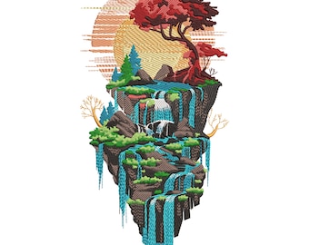 Floating Island Landscape Embroidery Design, Mountain Embroidery Design, Colorful Landscape Machine Embroidery Design, Sunset Forest