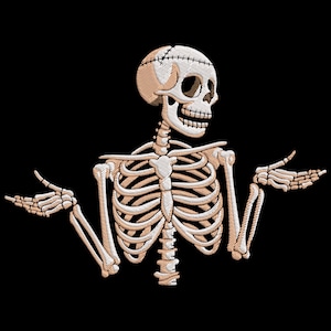 May include: A cartoon skeleton with a white ribcage and a white skull with a surprised expression. The skeleton is shrugging with both arms raised and hands turned outward.
