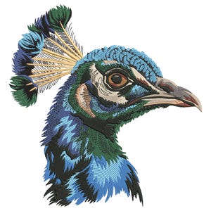 May include: Embroidered peacock head with detailed plumage in shades of blue, green, and black. The bird's crest features a fan of golden-colored feathers. The eye is brown, and the beak is a light brown color. The design is on a white background.
