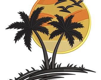 Tropical Sunset with Palm Trees Embroidery Design, Palm Tree Embroidery Design, Summer Beach Embroidery File, Machine Embroidery File