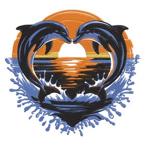 May include: Two black dolphins jumping out of the water, forming a heart shape in front of an orange sunset. The dolphins are silhouetted against the sunset, and the water is a dark blue.