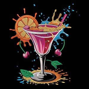 Puede incluir: Un cóctel colorido en una copa de martini con una cereza, una rodaja de naranja y una pajita. La bebida está rodeada de salpicaduras de líquido de colores.