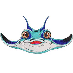 May include: A blue and black cartoon stingray with large eyes and a wide, toothy grin. The stingray has a white belly and a pink mouth.