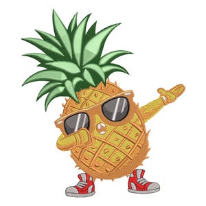 Puede incluir: Piña bordada con gafas de sol y zapatillas rojas, con un brazo levantado en pose de dab. La piña tiene un cuerpo amarillo con un patrón de cuadrícula y hojas verdes en la parte superior. Las gafas de sol tienen lentes negras.