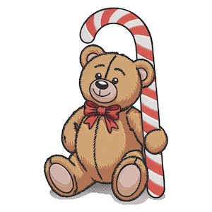 May include: A brown teddy bear with a red bow tie, leaning against a red and white striped candy cane. The bear has a smiling face and is sitting down. The image is a digital illustration.