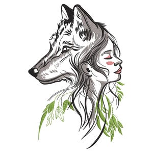 May include: A black and white line drawing of a woman with a wolf's head. The woman's face is turned to the side and she has long hair. The wolf's head is facing forward and has a closed mouth. The drawing is surrounded by green leaves.