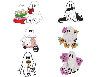 Adorable Ghost Embroidery Design Bundle. Reading, Coffee, Cat & Flower Ghost Machine Embroidery Files
