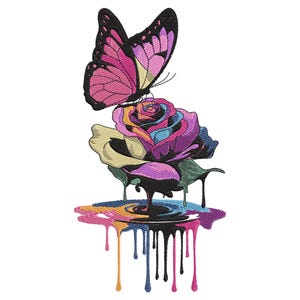 May include: A colorful rose with a black and pink butterfly perched on top. The rose and butterfly are dripping with colorful paint.