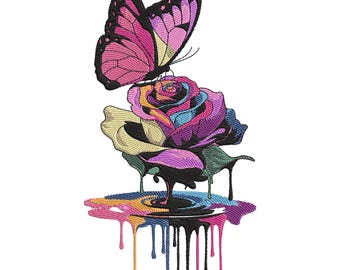Butterfly on Dripping Rose Embroidery Design, Butterfly rose embroidery design, baby cmachine embroidery File, Animal embroidery Design
