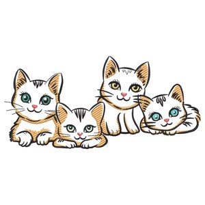 May include: Three cartoon kittens, one white with black markings, and two brown and white with black markings. The kittens are looking at the viewer.