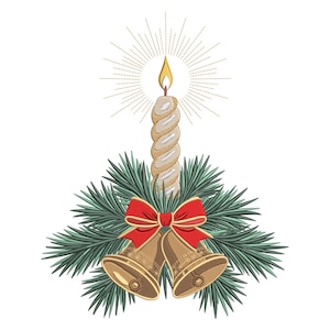 以下が含まれることがあります： クリスマスをテーマにしたデザイン。 燃えるろうそく、緑の松の葉、赤いリボン、2つの金のベルが描かれています。 ろうそくはねじれたデザインで、ベルは詳細に描かれています。