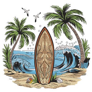 Surfboard with Ocean Waves and Palm Trees Embroidery Design, Tropical Beach Sunset Embroidery File, Ocean Waves Machine Embroidery File