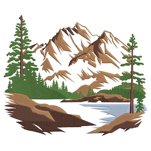 May include: An embroidered design of a mountain range with a lake in the foreground. Two green pine trees are on either side of the lake. The mountains are brown and white, and the lake is blue.