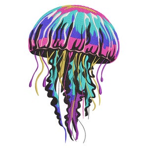 May include: A colorful jellyfish with a pink, blue, yellow, and white striped bell and long, flowing tentacles.