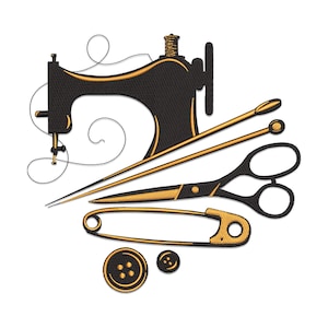 Op de afbeelding: Een zwarte naaimachine met gouden accenten, een gouden naald, een gouden schaar, een gouden veiligheidsspeld en een gouden knoop. De naaimachine is omgeven door een gouden draad.