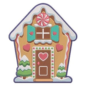 May include: A colorful gingerbread house design with a candy swirl on the roof, teal shutters, and heart-shaped accents. The door features a heart and a rectangular window. Two green trees with snow and pink hearts are on either side.