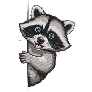 May include: A cartoon raccoon with a black mask, gray fur, and blue eyes peeks around a vertical line. The raccoon is smiling with its mouth open, revealing a pink tongue. The image is a detailed illustration with a white background.