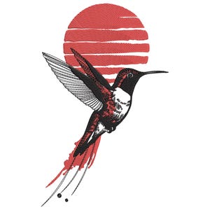 Artistic Hummingbird with Sunset Embroidery Design, Hummingbird Bird of Paradise Embroidery Files, Hummingbird Flowers Embroidery Files