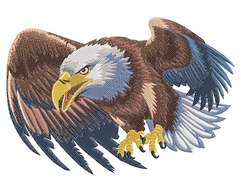 空飛ぶハクトウワシの刺繍デザイン - 雄大なアメリカの鳥、濃い色の