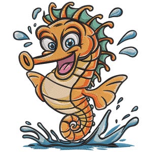 Happy Seahorse Embroidery Design, Ocean Animal Embroidery File, Swimming Seahorse on Sea Floor Embroidery Design