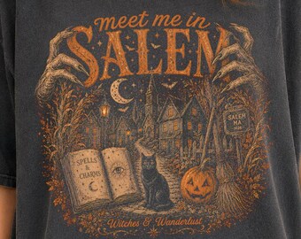 Salem Massachusetts Witch Town Shirt, Spells And Charms Black Cat Tee, Vintage Witchy Wanderlust Halloween Graphic Gift,Comfort Colors Shirt