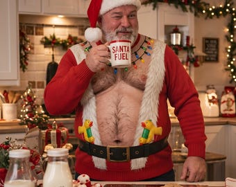 Muscle Santa Ugly Christmas Sweater, Fake Abs Hairy Chest Sweatshirt, Funny Holiday Party Pullover,Novelty Xmas Gag Gift for Dad Husband Men