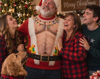 Funny Dad Bod Christmas Sweater, Santa Hairy Chest Fake Body Sweatshirt, Ugly Holiday Party Shirt, Novelty Gag Gift for Men Grandpa Husband