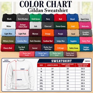 May include: A Gildan sweatshirt colour chart displaying forty-five folded fabric swatches in various colours with labels, alongside a white sweatshirt illustration and a sizing table in inches for sizes S through 5XL, detailing length, chest, and sleeve.
