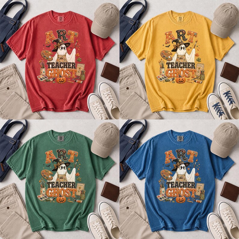 May include: A collection of four short-sleeve t-shirts in red, yellow, green, and blue. Each shirt features a graphic of a ghost wearing a witch hat, holding a paintbrush and palette, with the text ART TEACHER GHOST and various art supplies.