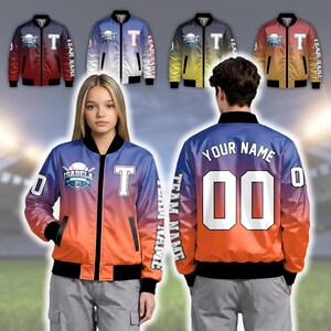 Ombre Bomber Jacket Custom Sublimation Personalized Name Number Logo Satin Varsity Coat Sports Team Matching Gift Graduation Unisex