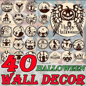 40 rond bord en Halloween-wanddecor, bundel Halloween-welkomstbord, schattige spookdeur, spookachtig rond bord, grappig heksenbord lasergesneden