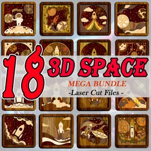 May include: A set of 18 3D space-themed laser cut files. The files feature rockets, planets, stars, and other space-related imagery. The files are perfect for creating unique and personalized crafts.