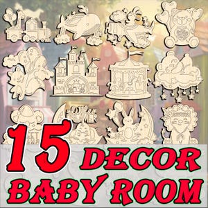 Mega paquete de 15 decoraciones láser para habitación de bebé, letreros de madera para niños, colgadores de pared, arte mural para el hogar, corte láser infantil, decoración de papel para bebé, decoración de habitación
