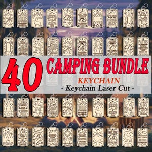 Paquete de 40 llaveros de camping cortados con láser, llavero vintage para exteriores, llavero de campamento de verano, camping feliz, pendiente láser de camping