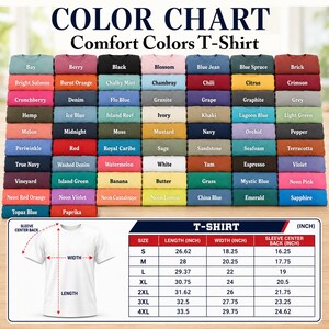 May include: A colour chart for Comfort Colors t-shirts displaying numerous folded fabric swatches with labels like Bay, Berry, Black, and others. Below, a white t-shirt diagram shows length, width, and sleeve measurements in inches in a table.