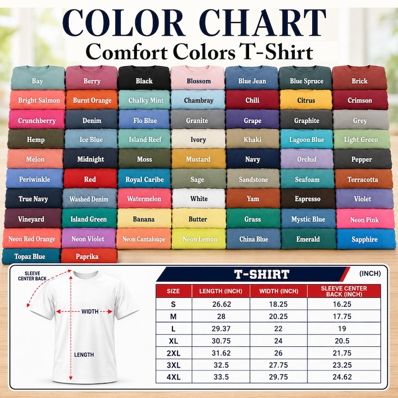 May include: A colour chart for Comfort Colors t-shirts displaying numerous folded fabric swatches with labels like Bay, Berry, Black, and others. Below, a white t-shirt diagram shows length, width, and sleeve measurements in inches in a table.