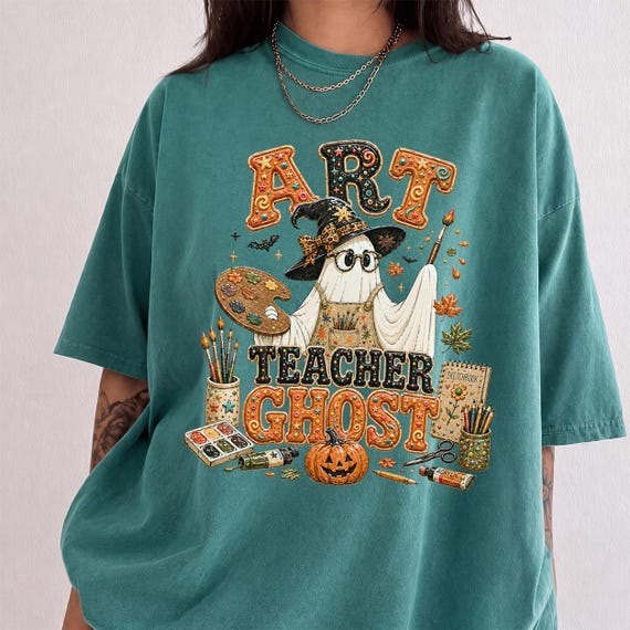 Art Teacher Ghost Colorful Puffy Letter Witch Hat Painter Pumpkin Halloween Fall Retro School Teacher Squad Gift Comfort Colors Shirt