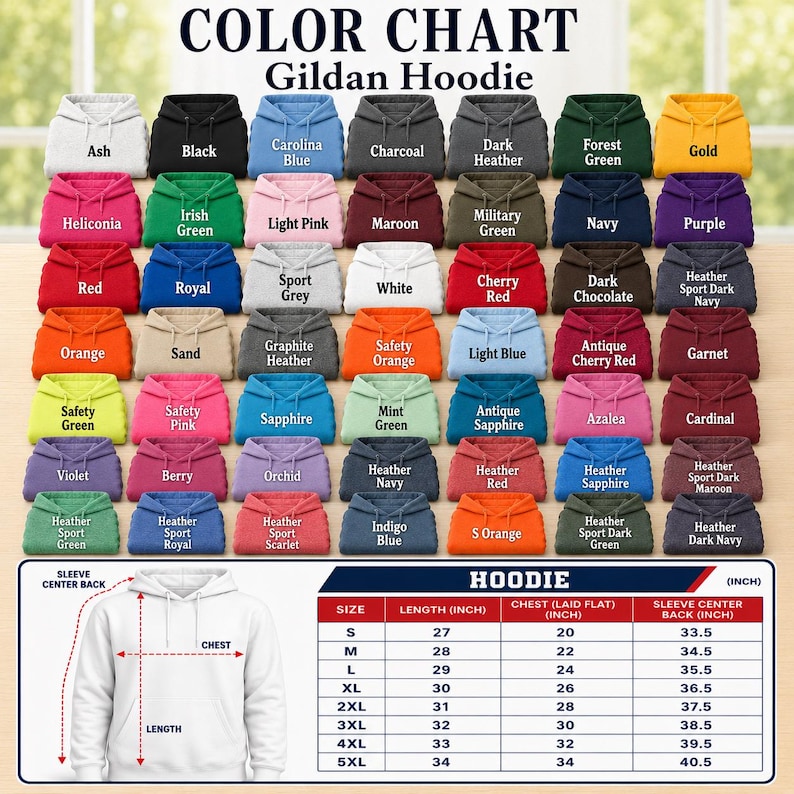 May include: A colour chart for Gildan hoodies displaying numerous folded hoodies in various colours with labels including Ash, Black, Carolina Blue, and others. A white hoodie diagram shows measurement points for length, chest, and sleeve centre back in inches.