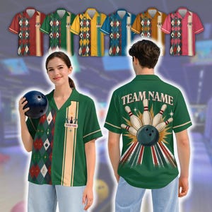 May include: A green short-sleeve button-down bowling shirt featuring a dark green and black argyle pattern on the left side, a cream vertical stripe with the text YOUR NAME, and a back graphic of bowling pins and a ball with TEAM NAME text.