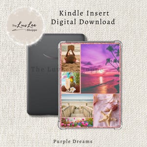 Könnte beinhalten: Ein schwarzer Kindle-E-Reader neben einer transparenten Hülle mit einer Collage von Strandszenen. Die Hülle hat einen rosa Glitzerrahmen und die Worte "Kindle Insert Digital Download" und "Purple Dreams".